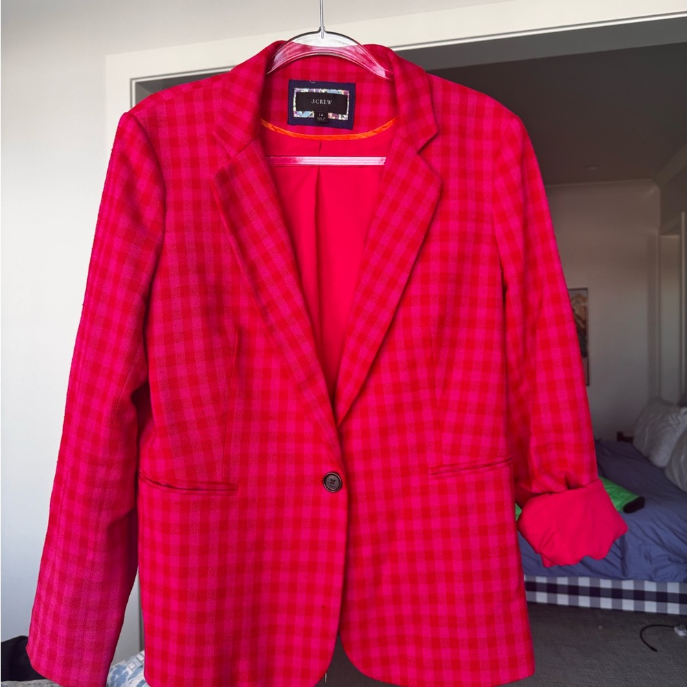 Jcrew pink/red gingham parke blazer.